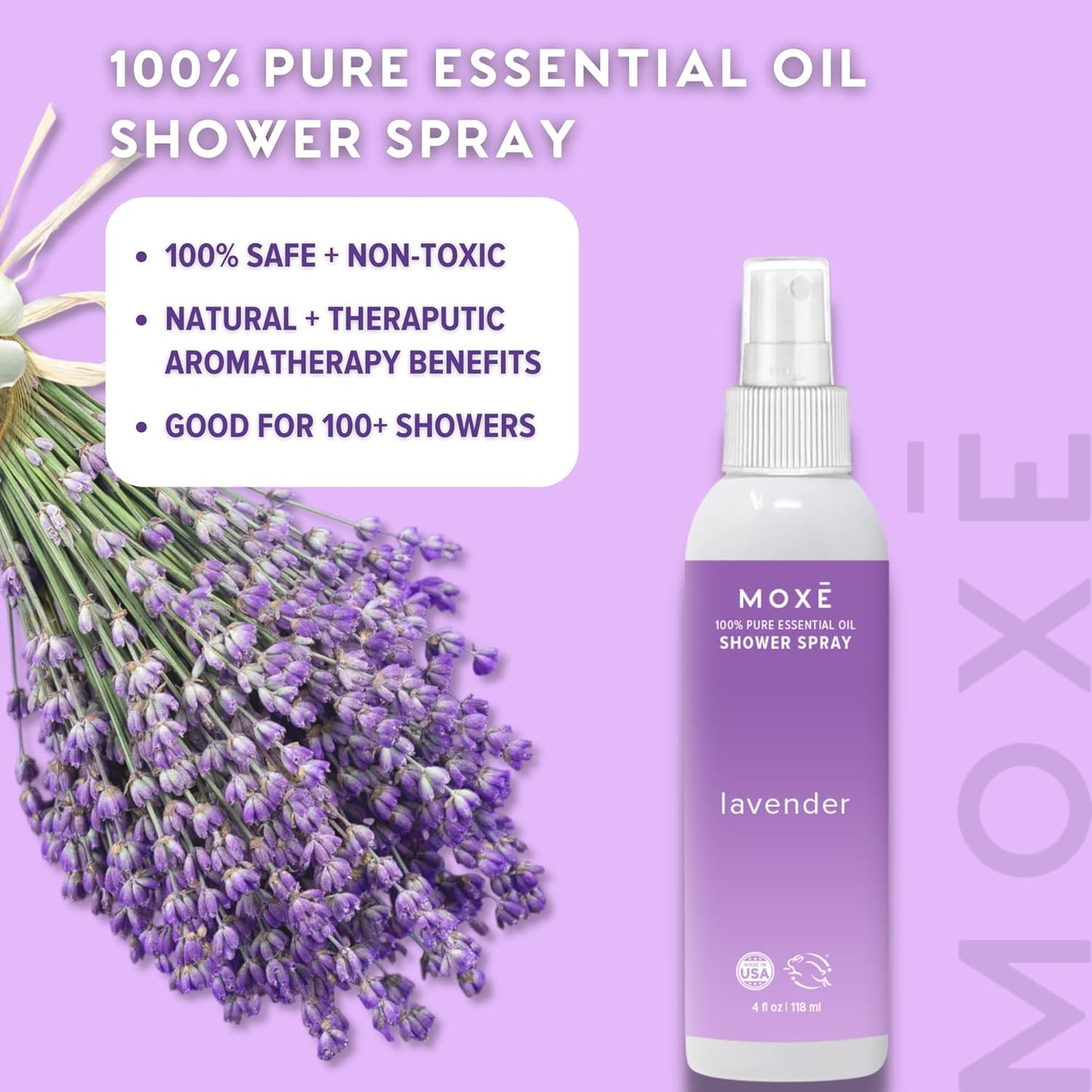 MOXE Shower Mist, Spa Steam Spray, Certified Natural Essential Oils, Aromatherapy, Calming Relief (Lavander and Eucalyptus, 4 Fl Oz (Pack of 2))