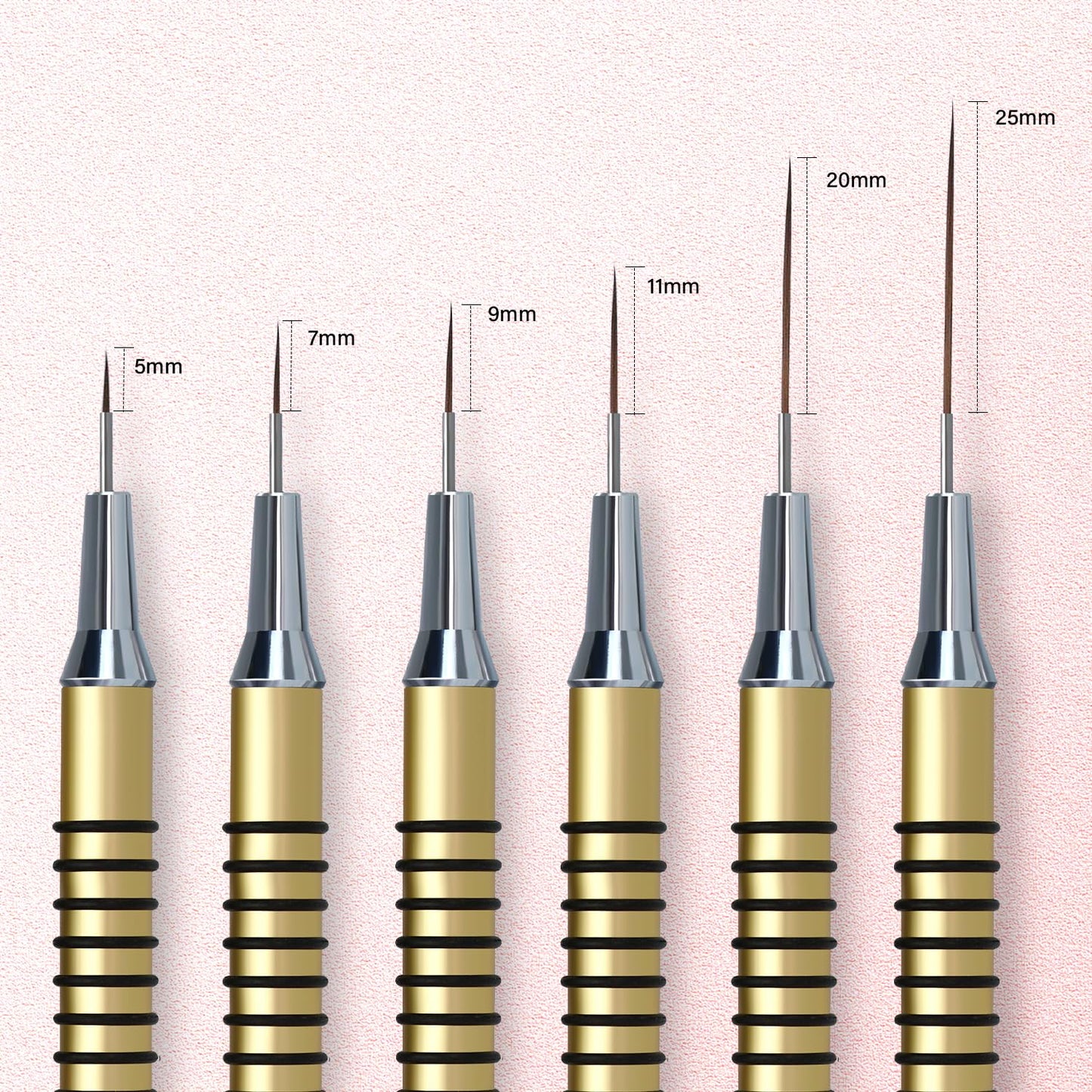 Metallic Nail Art Brushes, 6Pcs Non Slip Liner Brush Set, UV Gel Polish Painting Art Design Pen for Long Lines, Thin Details, Fine Drawing Sizes 5/7/9/11/20/25mm(Gold)