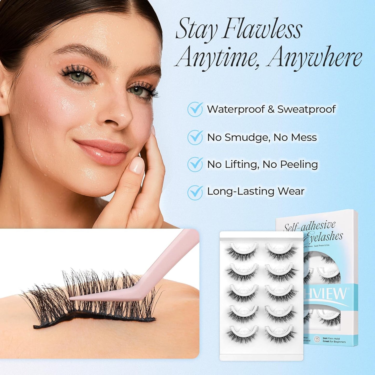 LASHVIEW Self Adhesive Eyelashes 5 Pairs Cat Eye Wispy Self-adhesive False Lashes Reusable Natural Look Press On Lashes No Glue Need Eyelashes with Replacement Adhesive Strips (CV01)