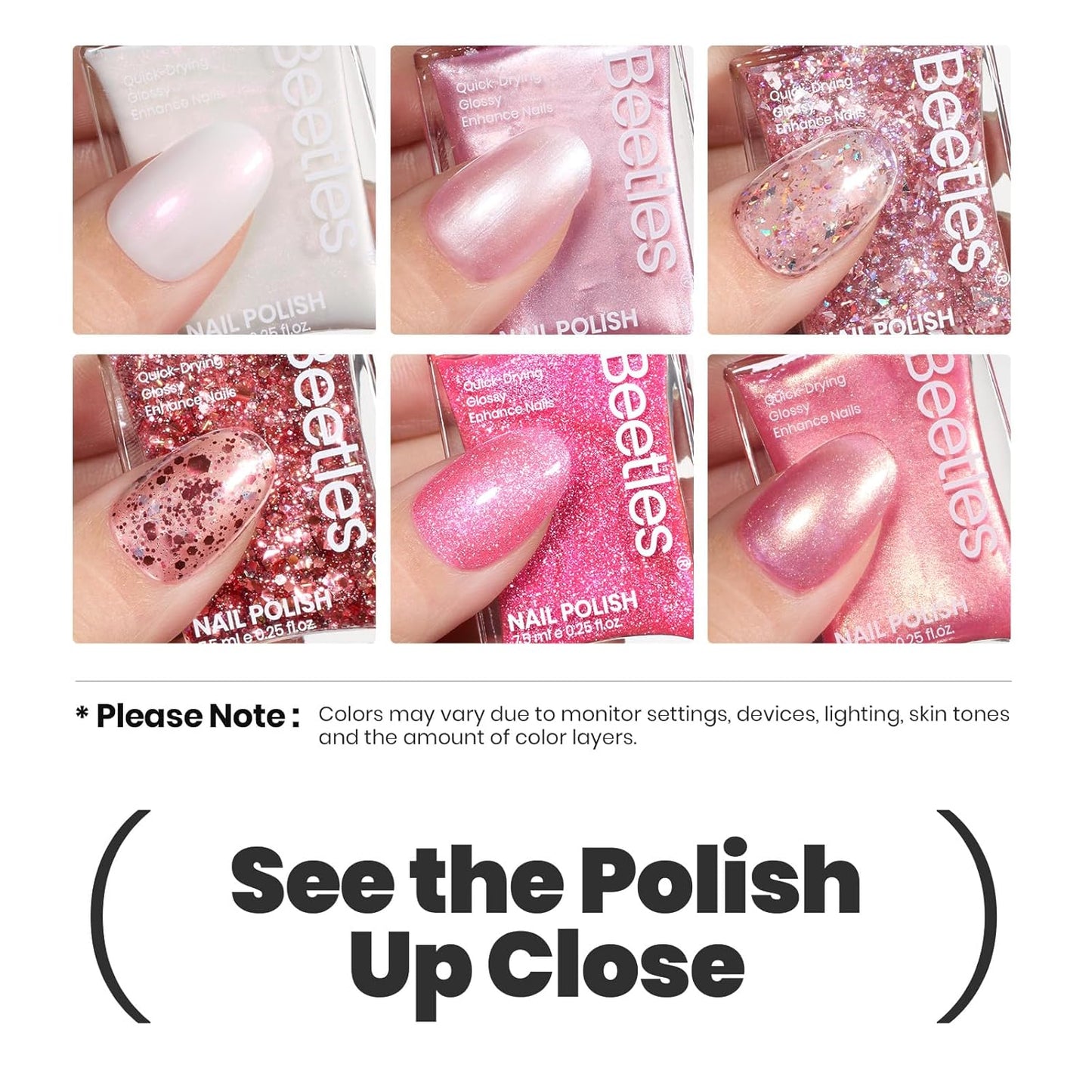 Beetles Glitter Nail Polish Set, 6 Colors Pink Nail Polish Kit Shimmer Gold Nude Jelly Pink Reverie Quick Dry Fingernail Polish Gifts for Women Salon DIY Manicure Kit