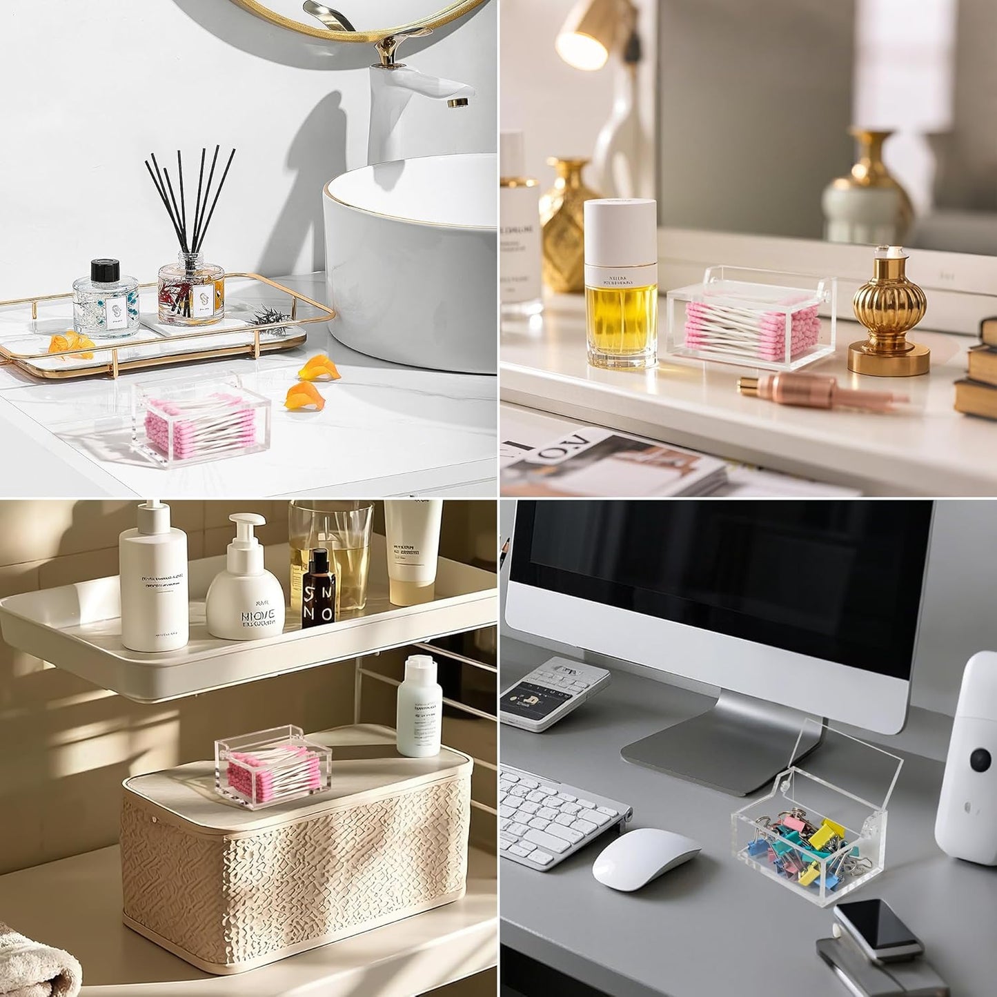 Clear Acrylic Qtip Holder with Lid, Cotton Balls Swab Organizer, 3.9" x 2.8" x 2" Dispenser for Makeup Pad, Floss Picks, Bath Salts, Cosmetic Storage Case, Home Bathroom Decor (DP051)