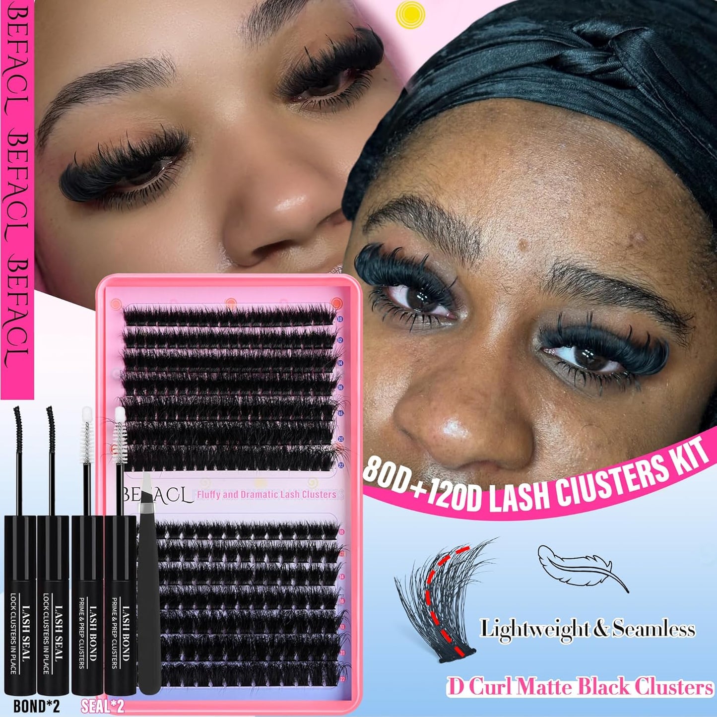 Lash Clusters Kit Fluffy Individual Lashes 80D+120D Thick Eyelash Clusters D Curly Wispy Eyelash Extensions with 2 Bond and Seal Eyelashes Cluster False Eyelashes DIY SinuVelv Lash Extension Kit