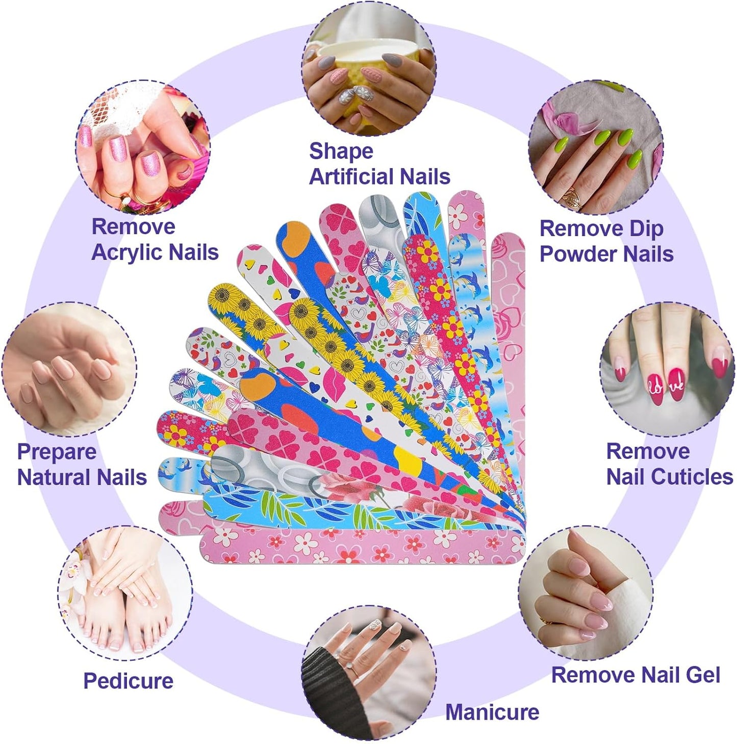 Nail Files (24 Pack), Colorful Emery Board Nail File for Natural Nails Double Sided 180 Grit Professional Fingernails Emory Boards Buffer Manicure Tool Nail Shaping Buffing Smoothing Filers Flowery