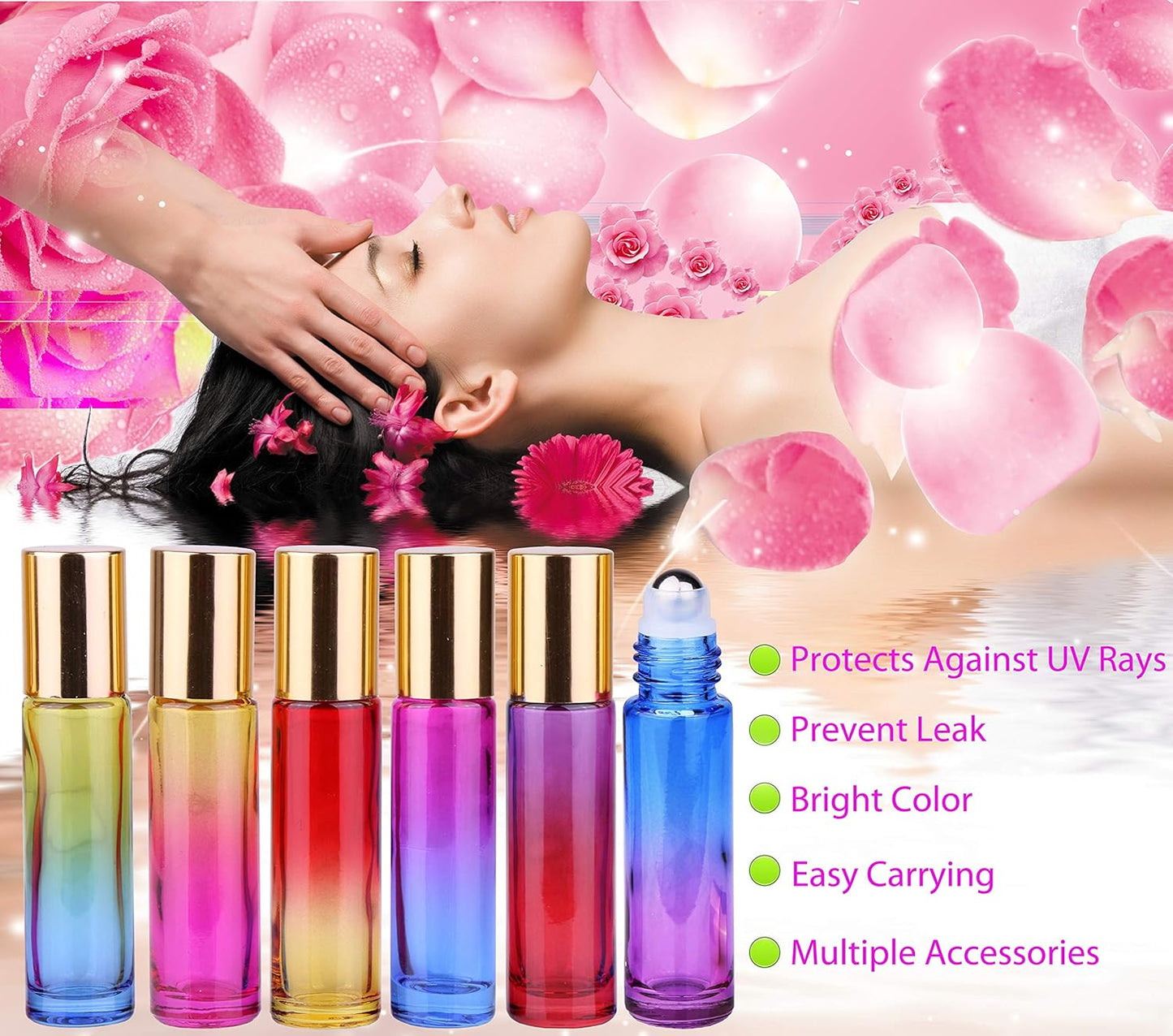 inice 4 Pack 10ml Roller Bottles for Essential Oils,Gradient Color Glass Bottle Roll on Stainless Steel Ball with Golden Metal Cap