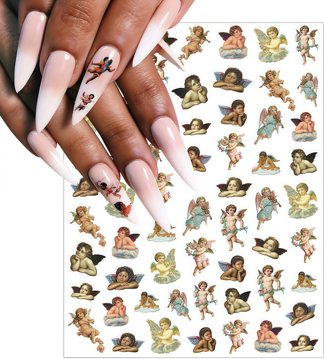 8 Sheets Angel Nail Art Stickers 3D Self-Adhesive Cupid Angel Rose Flowers Wings Heart Design Stickers Decals Valentine's for Women Acrylic DIY Manicure Salon Decoration Kits