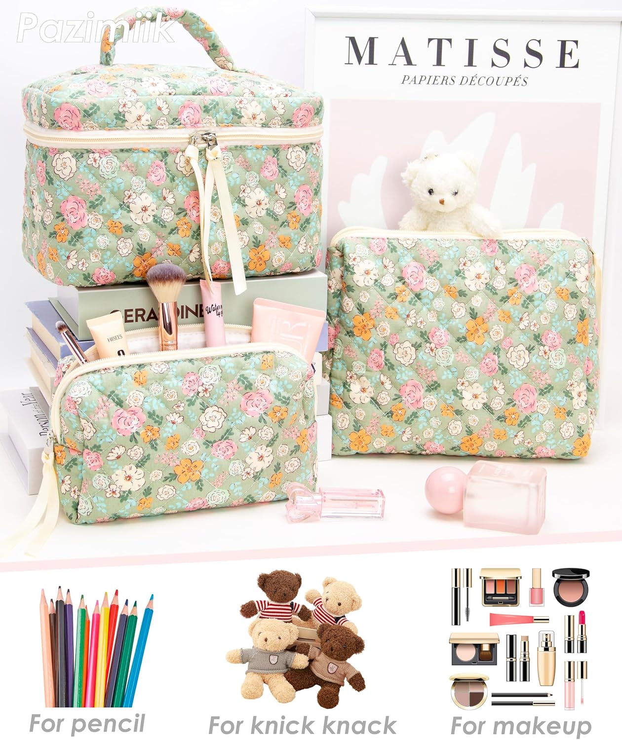 PAZIMIIK 3PCS Makeup Bag SET Large Travel Quilted Zipper Soft Cosmetic Case Pouch for Women Girls Make Up,Green Flower