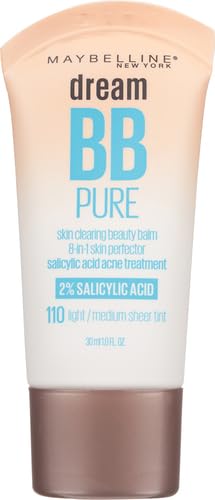 Maybelline Dream Pure Skin Clearing BB Cream, 8-in-1 Skin Perfecting Beauty Balm With 2% Salicylic Acid, Sheer Tint Coverage, Oil-Free, Light/Medium, 1 Count