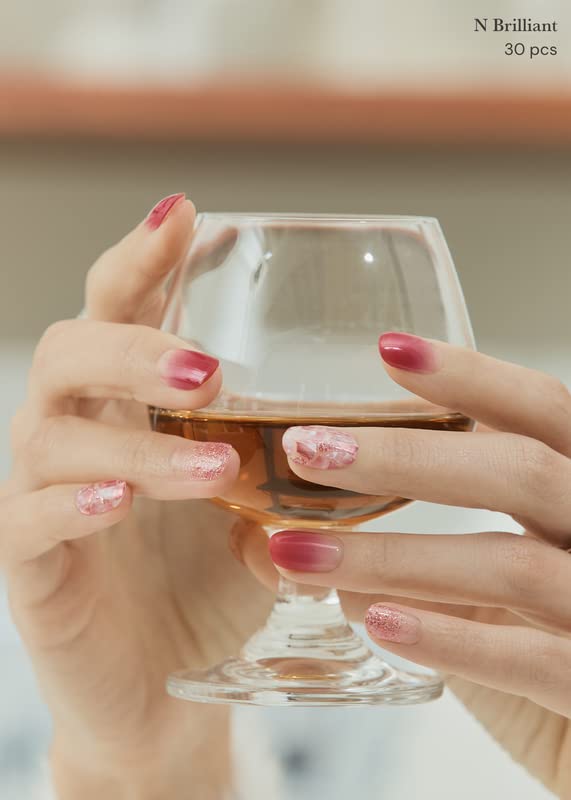 ohora Semi Cured Gel Nail Strips (N Brilliant) - Red, Patterned, Works with Any UV/LED Lamps, Salon-Quality, Long Lasting, Easy to Apply & Remove - Includes 2 Prep Pads, Nail File & Wooden Stick