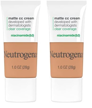 Neutrogena Clear Coverage Flawless Matte CC Cream, Full-Coverage Color Correcting Cream Face Makeup with Niacinamide (b3), Hypoallergenic, Oil Free & -Fragrance Free, Golden Ecru, 1 oz (Pack of 2)