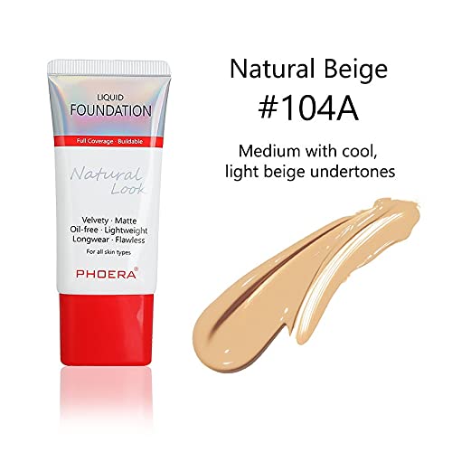 AQUAPURITY PHOERA Full Coverage Foundation New Formula Waterproof Long Lasting Oil Free Velvet Matte Liquid Foundation for Oily Skin Flawless Makeup Base Cream Concealer (104A Natural Beige)