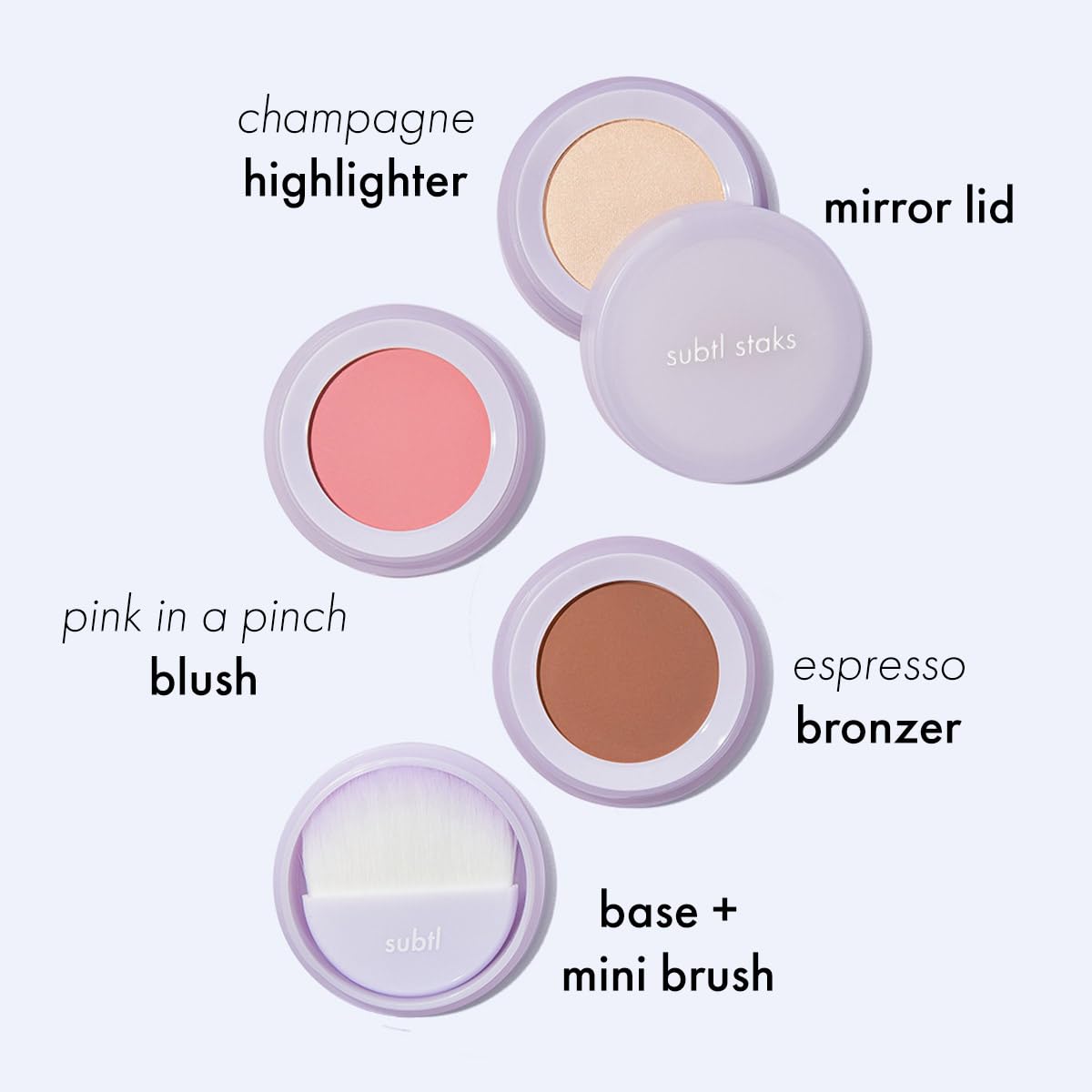 Subtl Beauty 3-in-1 travel makeup kit by subtl staks | powder blush, bronzer, and highlighter | includes mirror lid and mini brush | for dark-deep skin tones