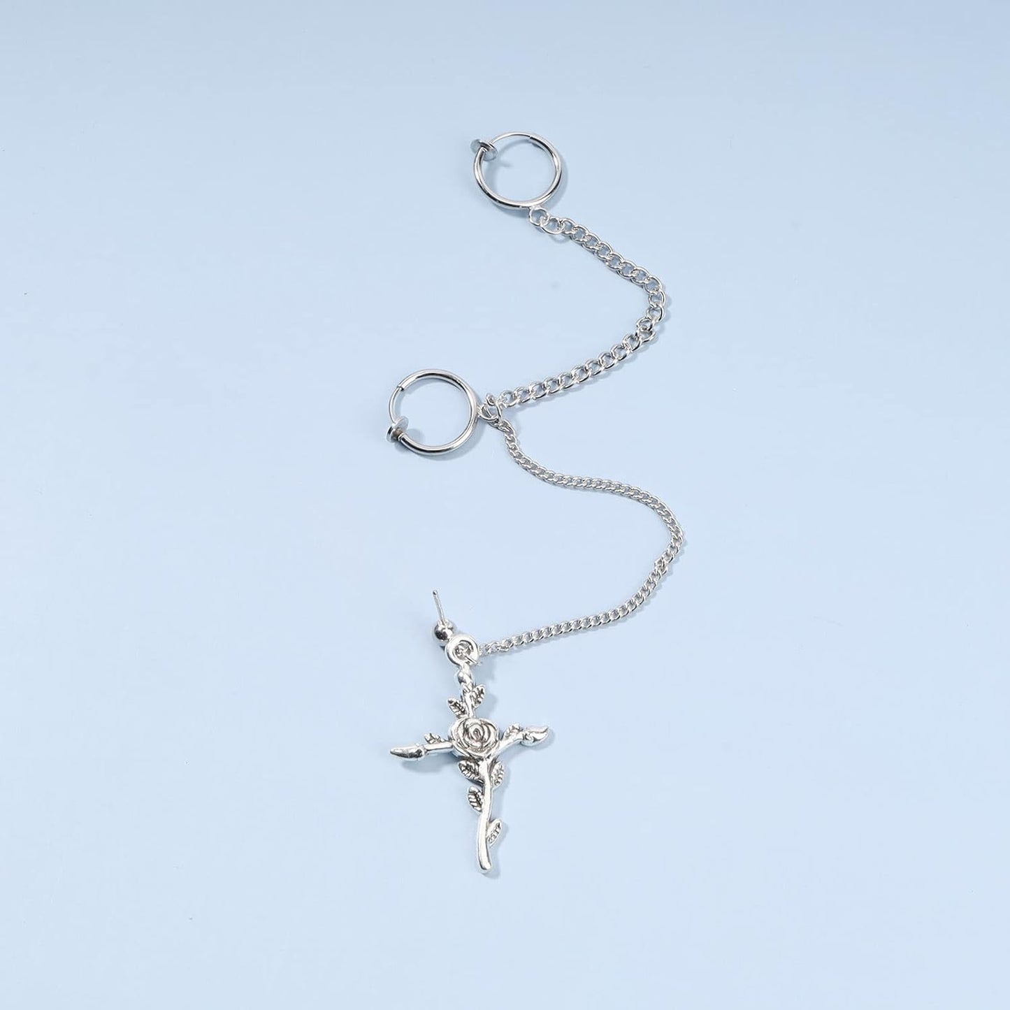 Cross Chain Cuff Earrings Silver Cross Dangle Chain Earrings Long Crucifix Drop Earrings Religious Ear Cuff Wrap Chain Earrings Jewelry for Women and Girls