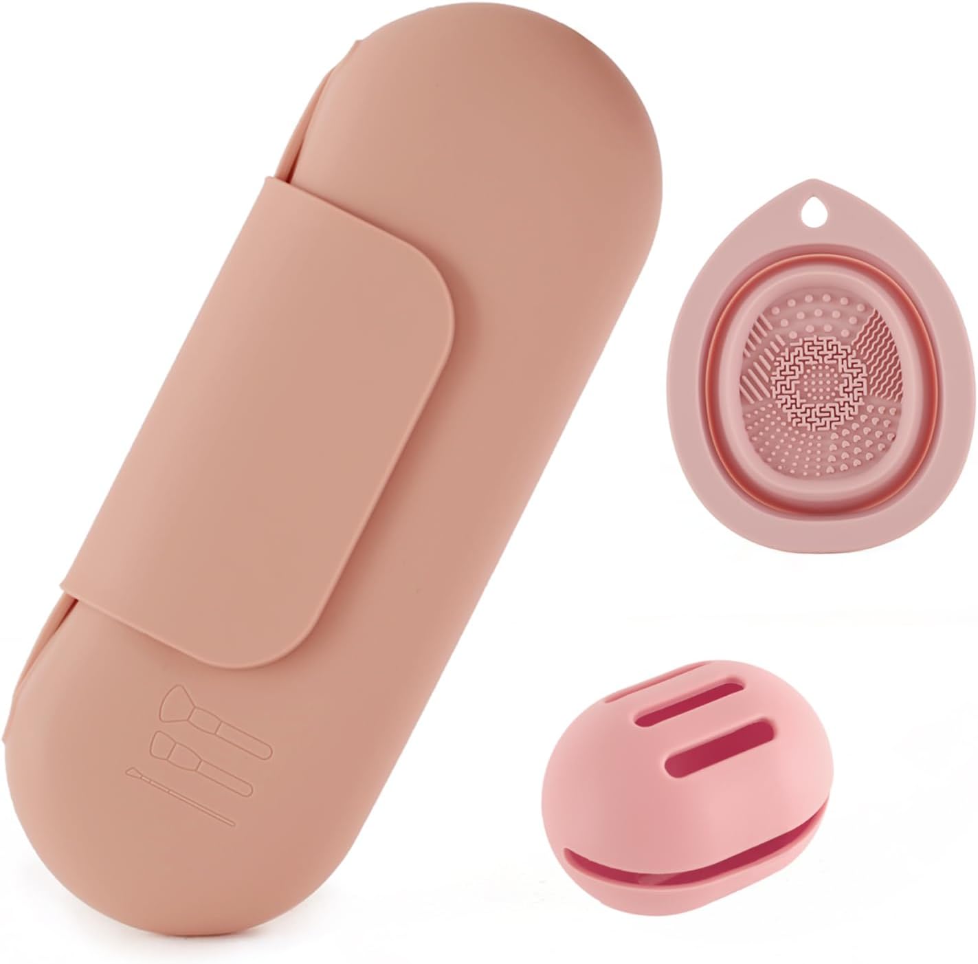 Silicone Makeup Brush Holder Set – Portable Travel Makeup Brush Holder with Makeup Sponge Holder and Foldable Cleaning Bowl – Upgraded 3-in-1 Cosmetic Organizer Set (powdered pink)