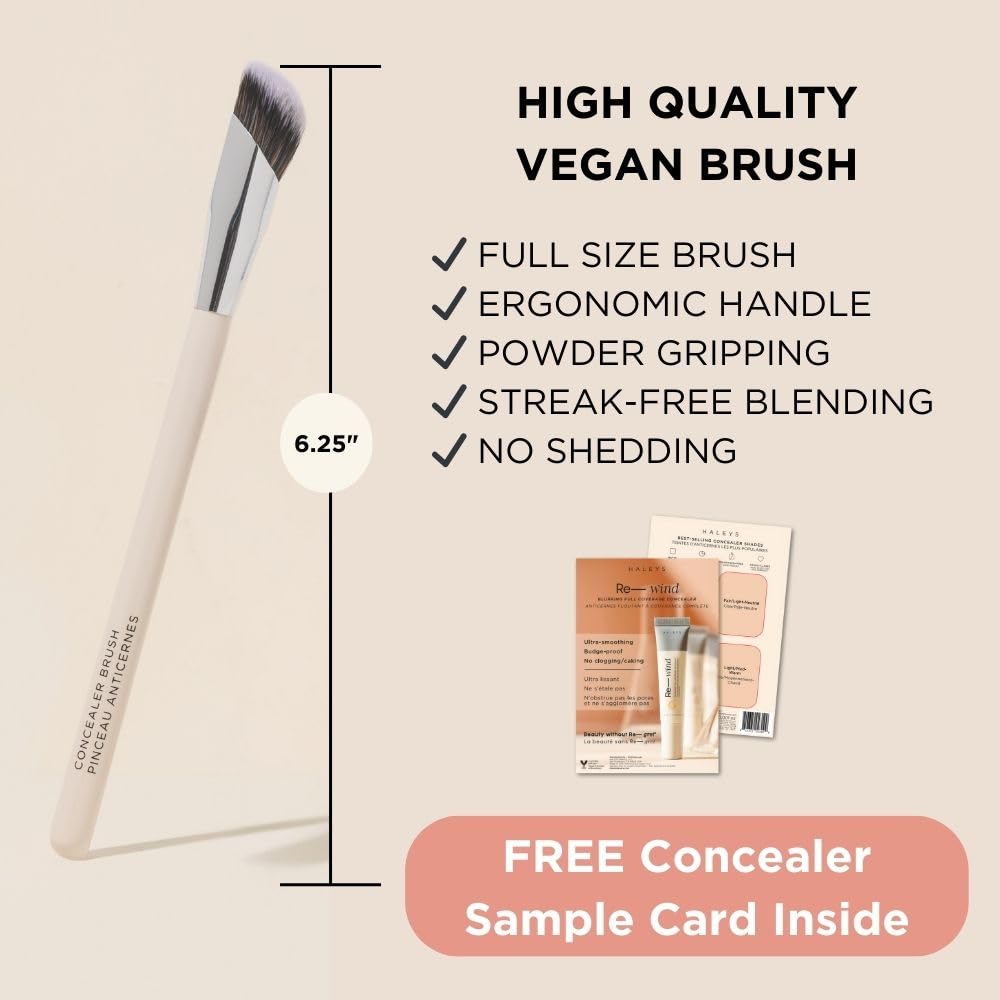 HALEYS Concealer Brush VEGAN+CRUELTY-FREE, Sustainable Wood, Vegan Bristles for Airbrushed Finish, For Creams,Liquids, Powder, Streak-free, Perfect Blending, Buffs, Smooths with Control, Special shape