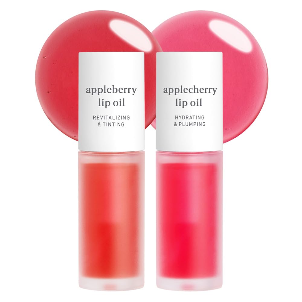 NOONI Korean Lip Oil Set - Appleberry & Applecherry | Long-Lasting, Moisturizing, Plumping, Revitalizing for Dry Lips, Waterproof, No Peel Off, 0.12 FL Oz x 2ea