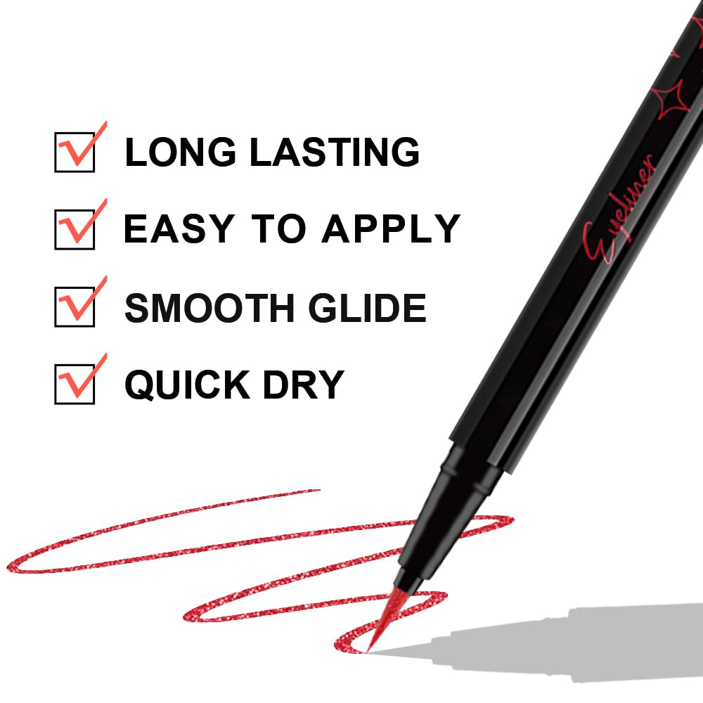 Red Metallic Glitter Liquid Eyeliner Pen – Long-Lasting Sparkly Waterproof Eyeliner for Women & Men – Tattoo-Effect Eye Makeup for Parties – Delineador de ojos líquido con 09