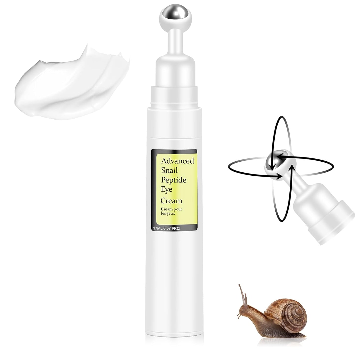 Snail Peptide Eye Cream For Moisturizing, Snail Mucin Eye Cream With Niacinamide, Hyaluronic Acid, Snail Eye Cream For Dark Circles, with 360° Massage Ball Reduce Wrinkles and Fine Lines