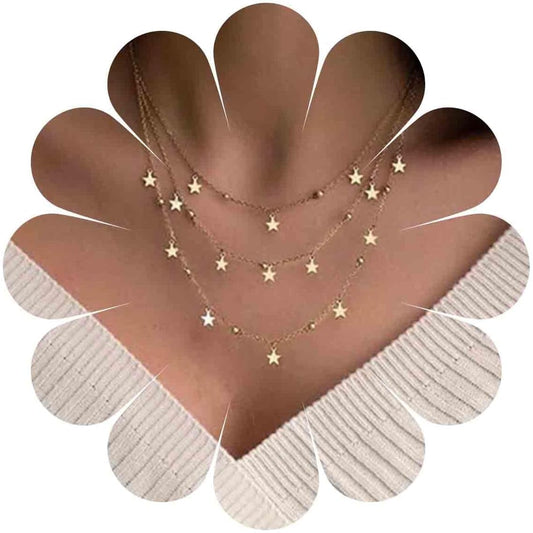 Vintage Layered Star Dangle Necklace Star Pendant Necklace Tiny Star Necklace Gold Bead Chain Necklace Jewelry for Women