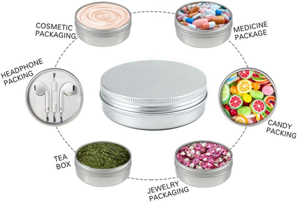 2oz Aluminum Empty Storage Screw-top Tin Jars with Lids, 75PCS Round Candle Cans, Refillable Cosmetic Containers for Lip Balm, Shea Butter, Salves, Silver