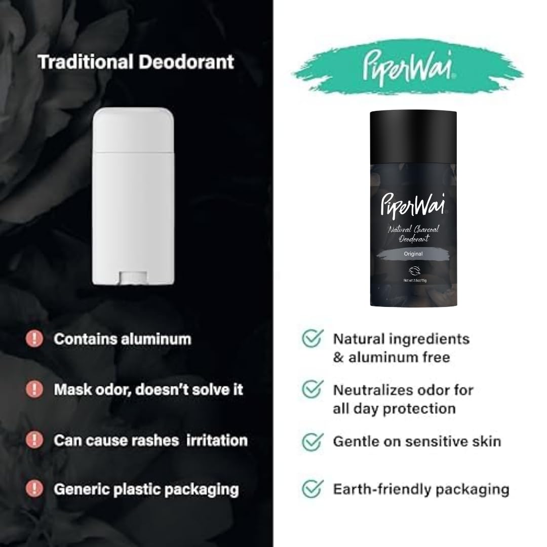 PiperWai Natural Deodorant w/Activated Charcoal | Odor Protection, Vegan, Aluminum Free, Shark Tank Product for Women & Men | Great for Travel, & Gifts | 2.6 oz (75g) Original Scented Stick