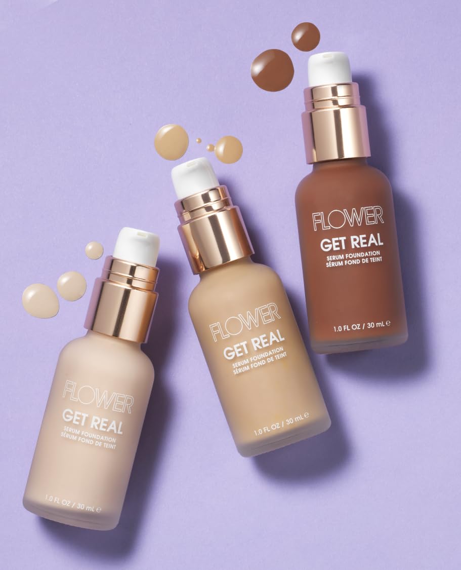 FLOWER BEAUTY By Drew Barrymore Get Real Serum Foundation - Hydrating + Lightweight Formula - Light to Medium + Buildable Coverage (Sable)
