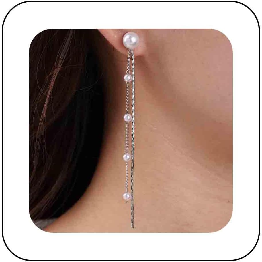 Vintage Pearl Dangle Earrings Long Pearl Chain Earrings Silver Pearl Tassel Drop Earrings Tiny Pearl Bridal Earrings Jewelry for Women