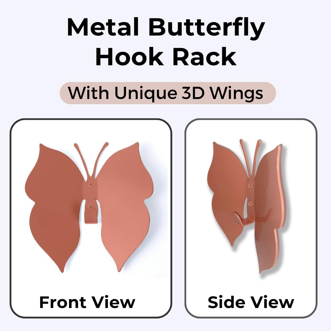 Butterfly 3D Blush Pink Butterfly Wall Hooks: Girl’s Bedroom Double-Hook Coat Rack Mount for Hanging Coat,Clothing,Backpacks,Purses,Jewelry,Towels, Girls Room DécorCut-Out Metal 2 Hangers