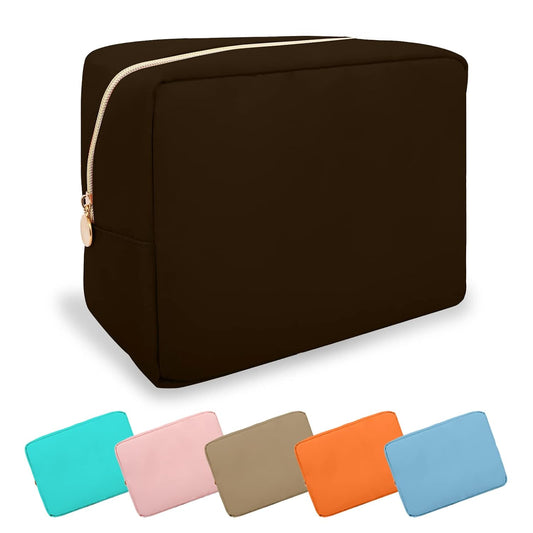 Large Makeup Bag Pouch,Nylon Women Travel Toiletry Storage Bag Preppy Cosmetic Bag for Girls,Big Makeup Organizer Bag Cute Zipper Pouch Skincare Bag for Sport Work Gift(Large-Chocolate)
