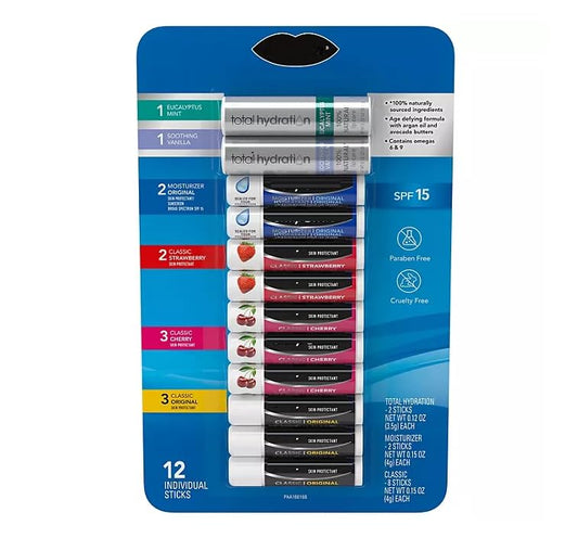 Variety Pack of Lip Balms - Original, Cherry, Strawberry, Moisturizer & Total Hydration 12 ct.