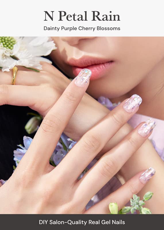 ohora Semi Cured Gel Nail Strips (N Petal Rain) - Purple, Patterned, Works with Any UV/LED Lamps, Salon-Quality, Long Lasting, Easy to Apply & Remove - Includes 2 Prep Pads, Nail File & Wooden Stick