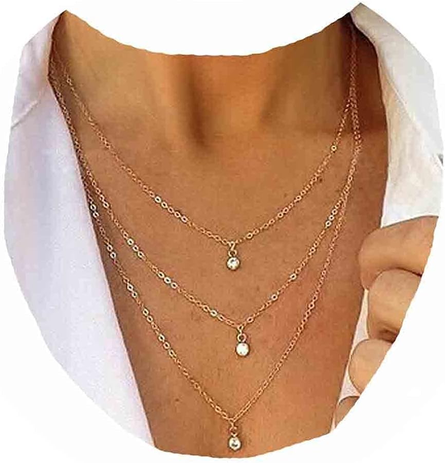 Boho Layered Crystal Necklace Gold Rhinestone Pendant Chain Necklace Vintage Multi Strand Necklace Chain Jewelry for Women