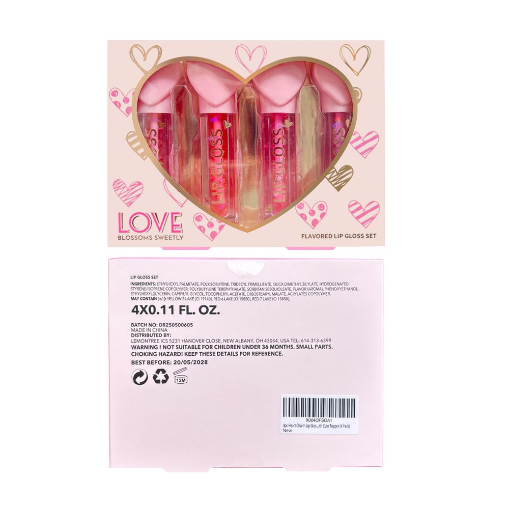4pc Heart Charm Lip Gloss Stick for Girls - Glossy Fruity Lip Set | Non Toxic Party Favors, Teen Makeup Gift with Cute Topper (4 Pack)