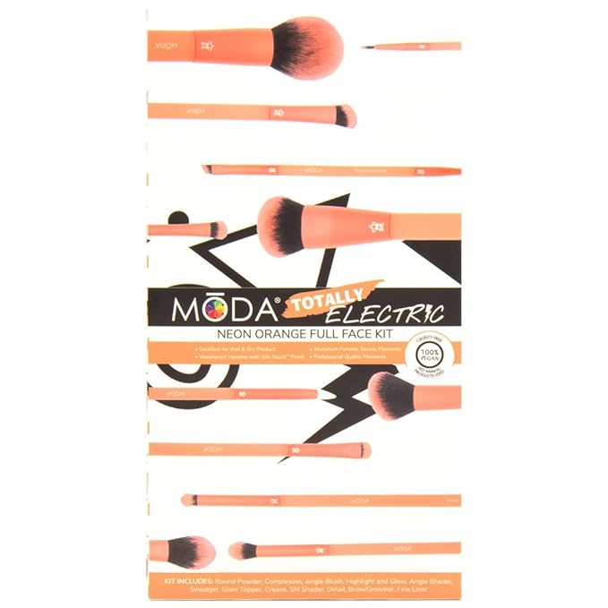MODA Totally Electric Neon Orange Full Face Makeup Brush Kit – 13pc Vibrant Brush Set for Face & Eyes with Zip Case