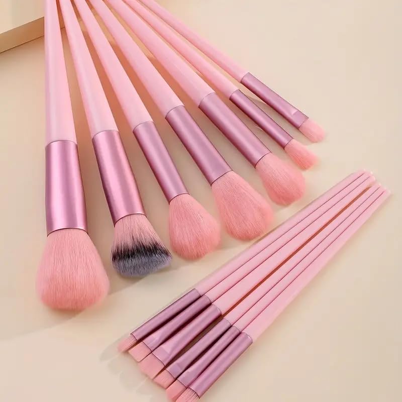 Foundation Makeup Brush Set Kit | 13 Pcs Premium Synthetic Kabuki Eye Shadows Make Up Brushes + 1 Sponge + 1 Brush Bag for Travel and Home Use (PINK)