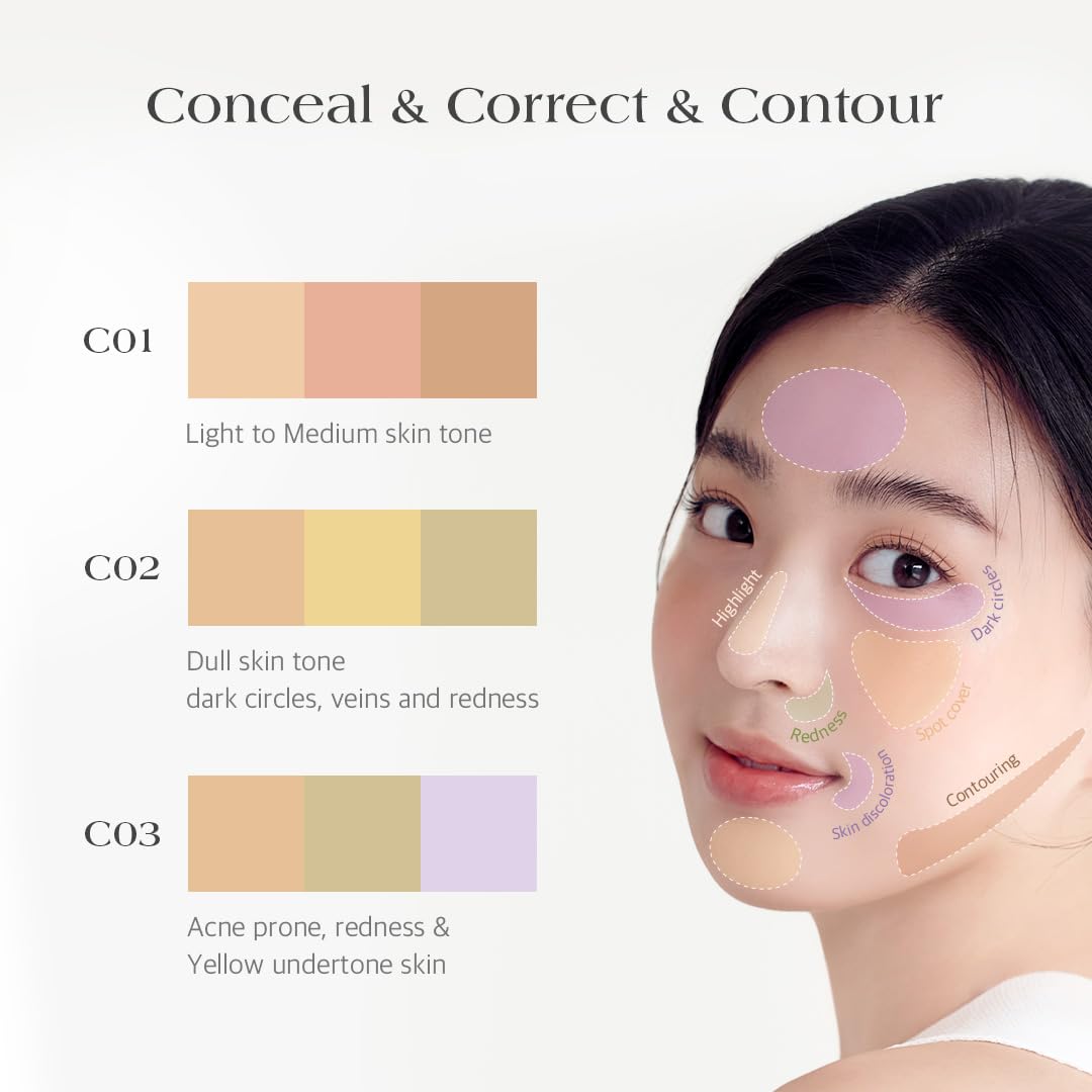 Dr.Althea Dear.A Perfect Cover Concealer Palette - Vegan Fomula, Conceal, Cover, Correct, Contour, Highlight, Multi concealer balette, Finger puff included (C03)