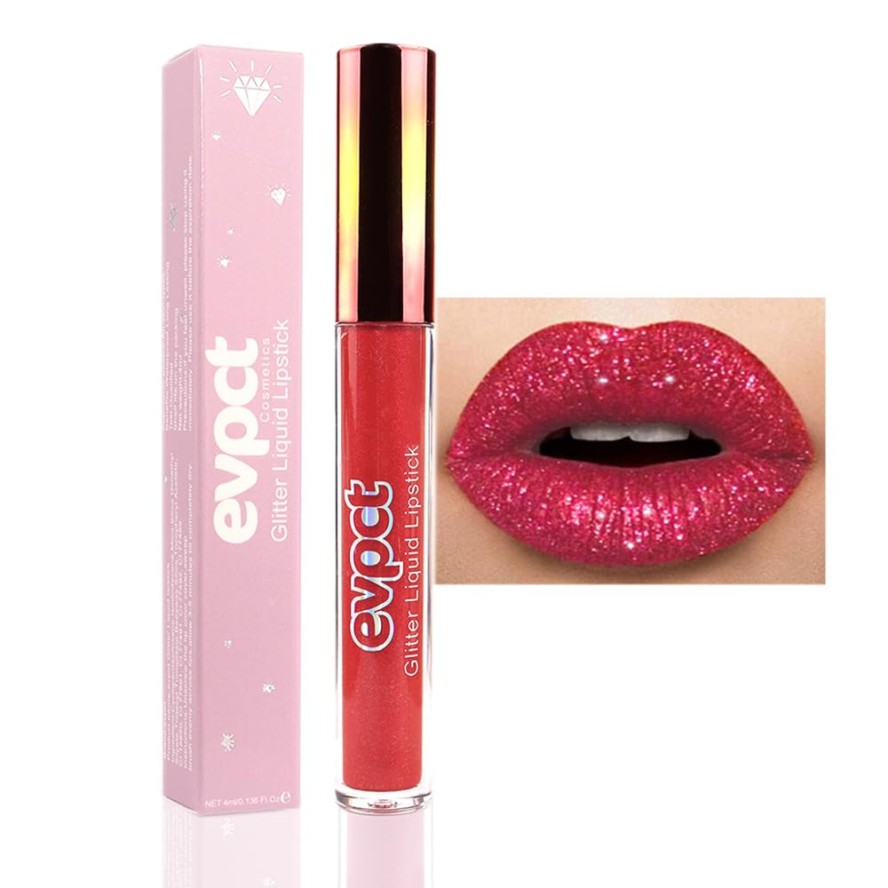 evpct 1Pcs Hot Bright Red Glitter Metallic Shimmer Diamond Lipstick Lip Gloss Stain Set for Women Long Lasting Waterproof, Dark Red Sparkle Glitter Matte long wear Liquid Lipstick Lip Makeup Kit