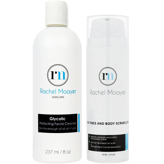 Rachel Moayer Skincare Cleansing Essentials Bundle includes RM Perfecting cleanser and RM BP Face & Body Scrub 2.5%