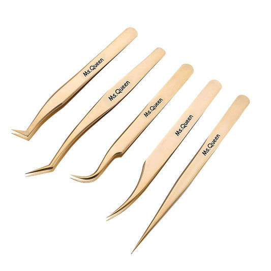Ms.Queen Eyelash Extension Tweezers Set-Precision Tweezers for 2D-6D Volume&Individual False Lashes Extensions with PU Storage Case-Golden