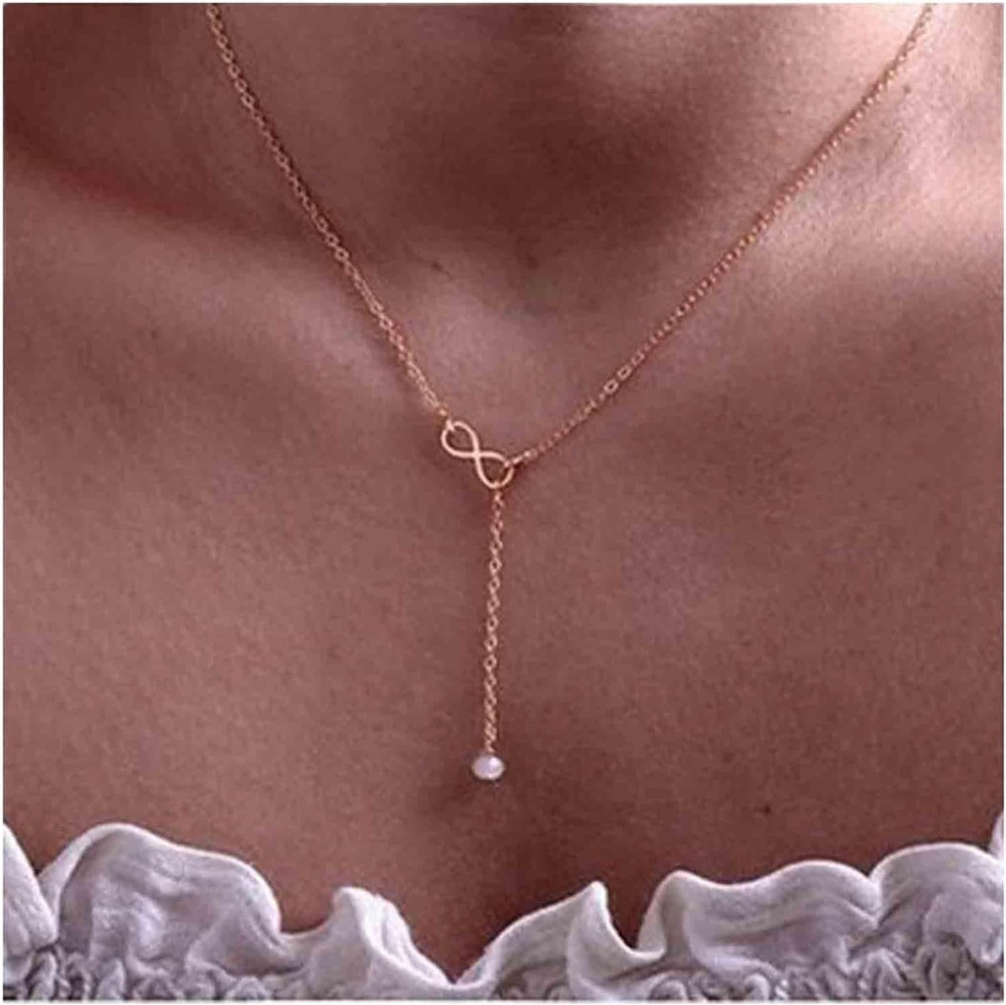 Boho Pearl Infinity Necklace Silver Y Pearl Necklace Minimalist Chain Y Lariat Necklace Chain Jewelry for Women and Girls