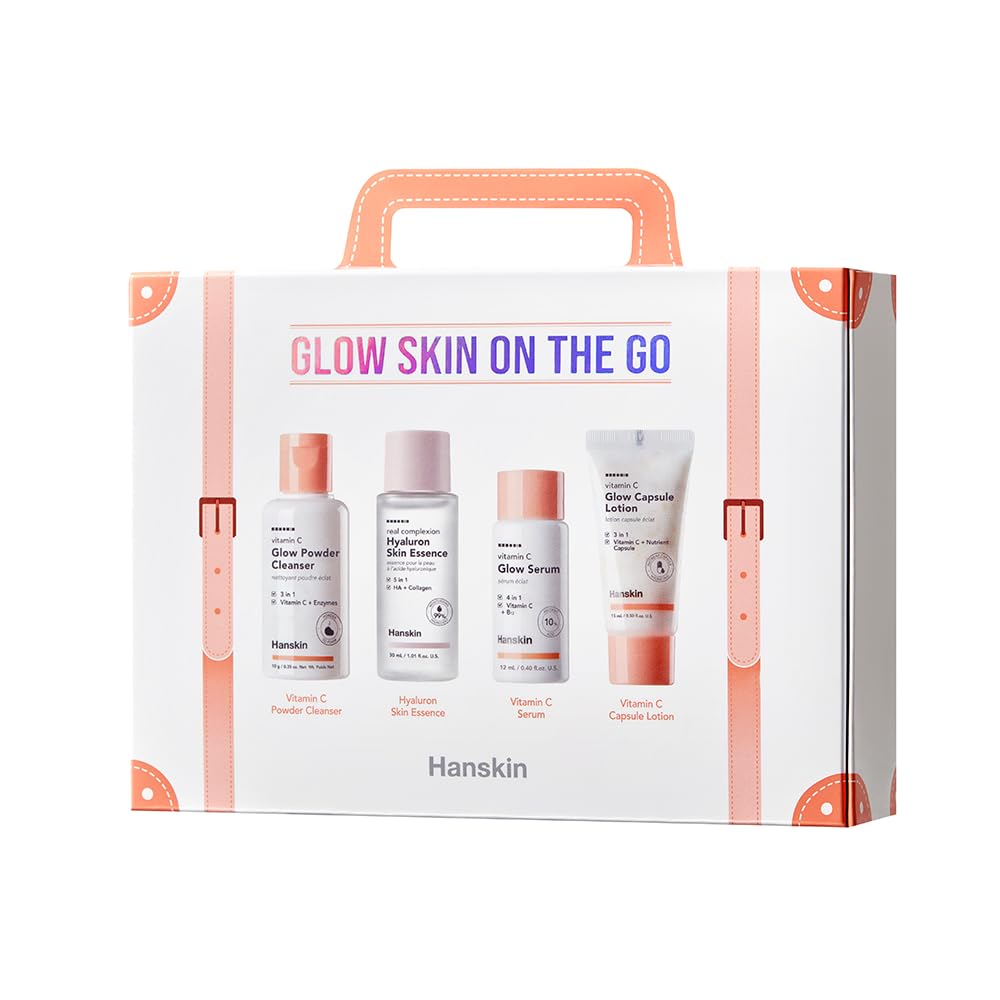 Hanskin Glow Skin On The Go Kit, Set of 4, Essential Travel Skincare Set for Glowing & Nourishing Skin on the Plane, Powder Cleanser Skin Essence and Facial Serum Cleansing Balm