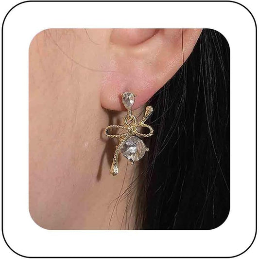 Vintage Rhinestone Bow Drop Earrings Gold Teardrop Crystal Earrings Round Cut Stud Earrings Bow Crystal Bridal Earrings Jewelry for Women