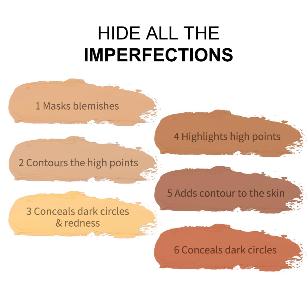 Corlo Contour Palette Concealer Correct, 6 Colors Cream Concealer Full Coverage Foundation Palette for Dark Circles Makeup (Deep)
