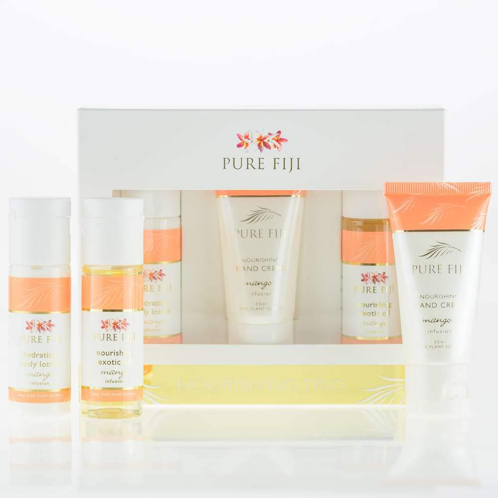 Pure Fiji Nourishing Trio, Ideal Spa Bath Gift Set for Women - Travel Kit - Includes Exotic Body Oil , Hydrating Body Lotion For Women and Nourishing Hand Cream, Mango Scent