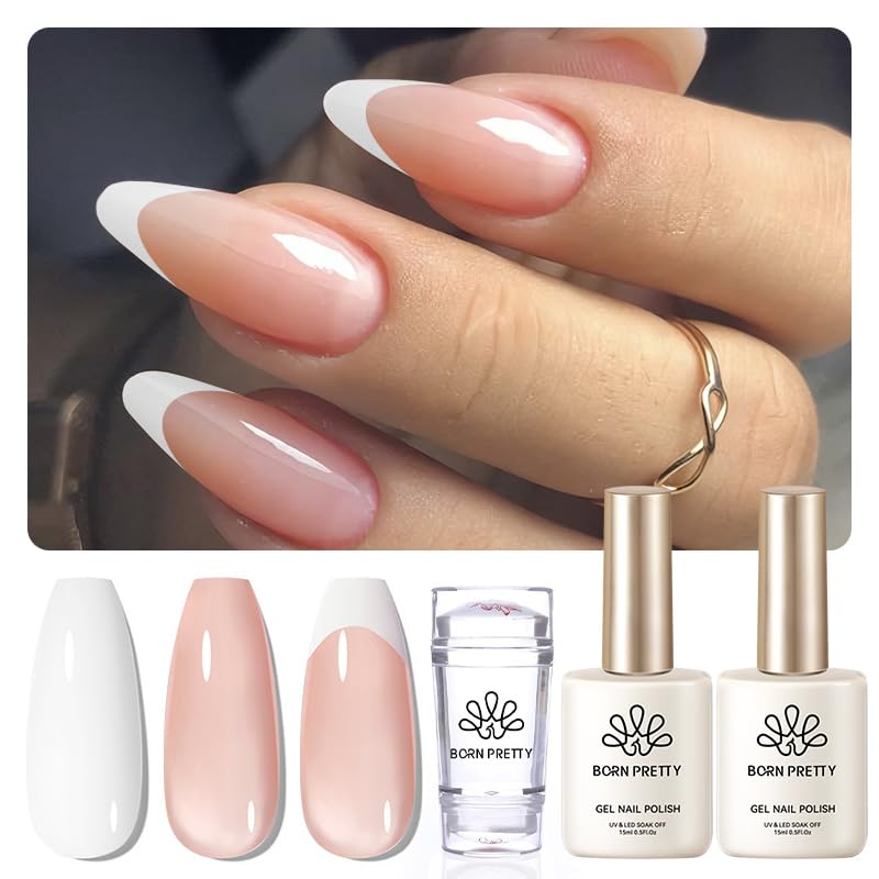 Born Pretty French Manicure Kit, Nail Stamper and 2Pcs Gel Nail Polish, Include Jelly Nude White Colors for French Tip DIY Salon, U V Light Cure