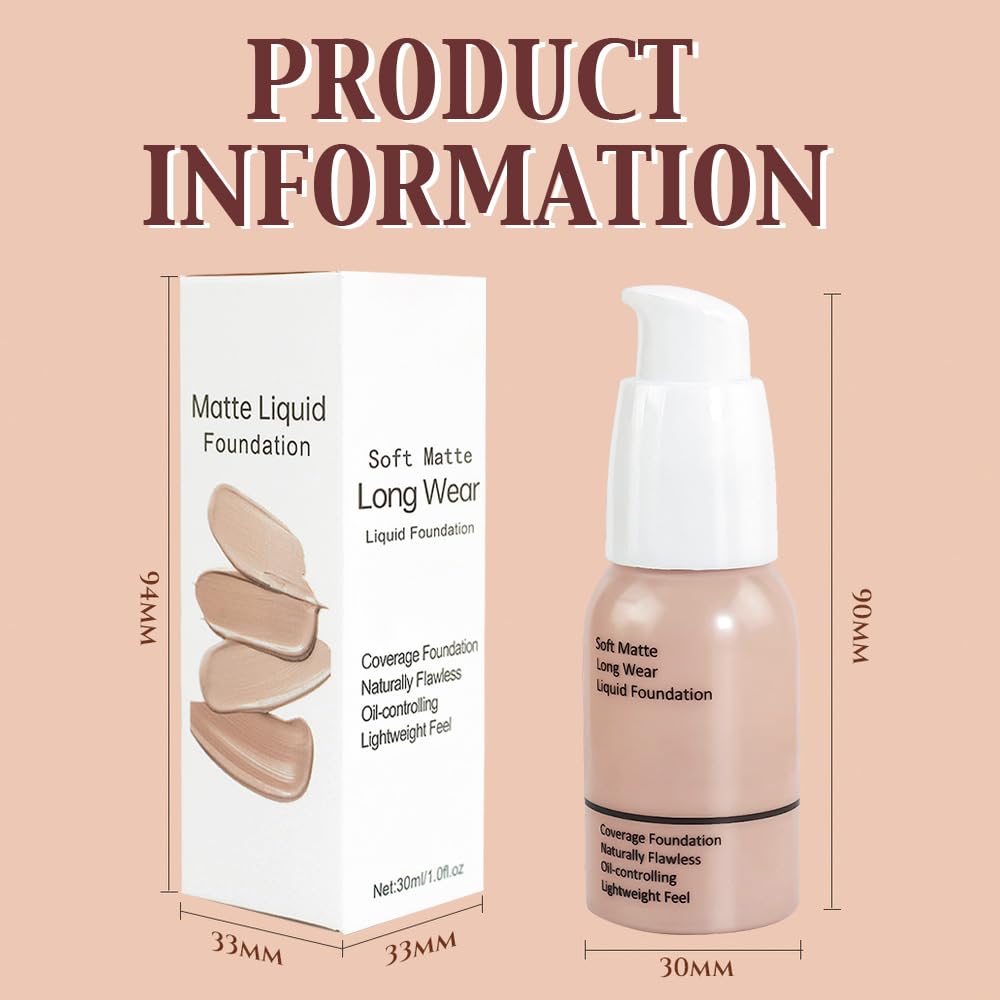 Matte Liquid Full Coverage Foundation, Flawless Soft Matte 24HR Oil Control Full Coverage Foundation Makeup for Women, Long-Lasting Waterproof Full Coverage, 02# Warm Peach(02, Pack of 1)