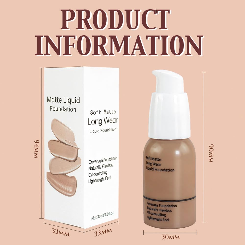 2Pcs Matte Liquid Full Coverage Foundation, Flawless Soft Matte 24HR Oil Control Full Coverage Foundation Makeup for Women, Long-Lasting Waterproof Full Coverage, 06#Toffee (06+06, Pack of 2)