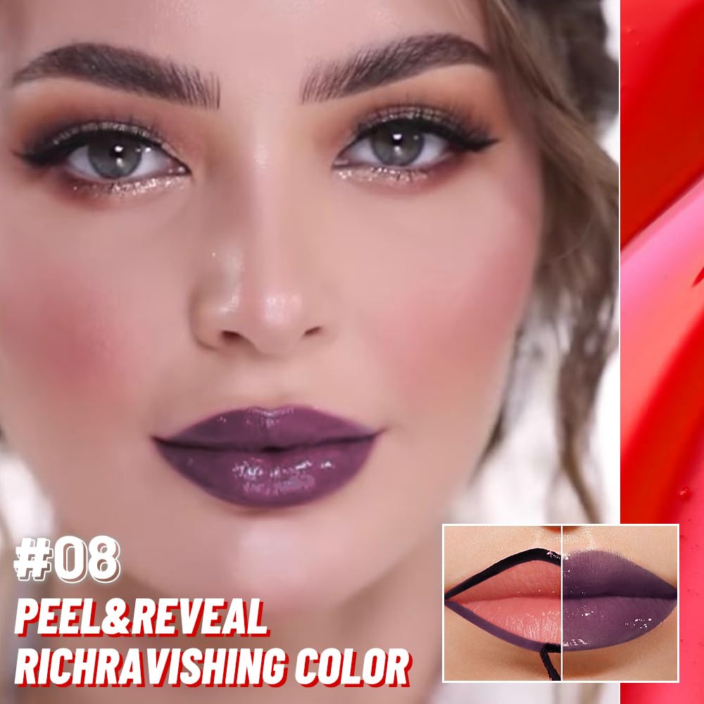 Lip Stain Peel Off Lip Gloss oil Dual-Ended Combo, Deep Berry Lips Liner Stain Peel Off Tattoo, Long Lasting & Waterproof, Transfer-Proof Lip Tint Stain with Lip oil for All Skin Type 08#