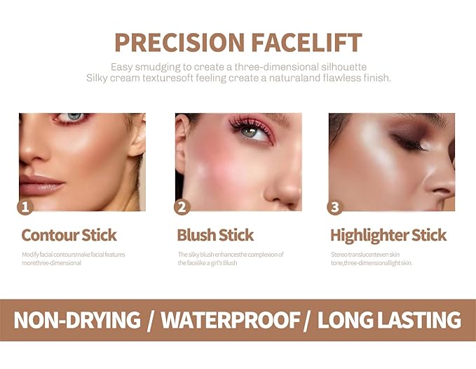 4PCS Contour Stick - Highlighter And Cream Blush Stick 4 Colors Kit - Moisturizer, Face Brightens & Shades Pencil, Facial Shaping Makeup Sticks for Older Women & Mature Skin