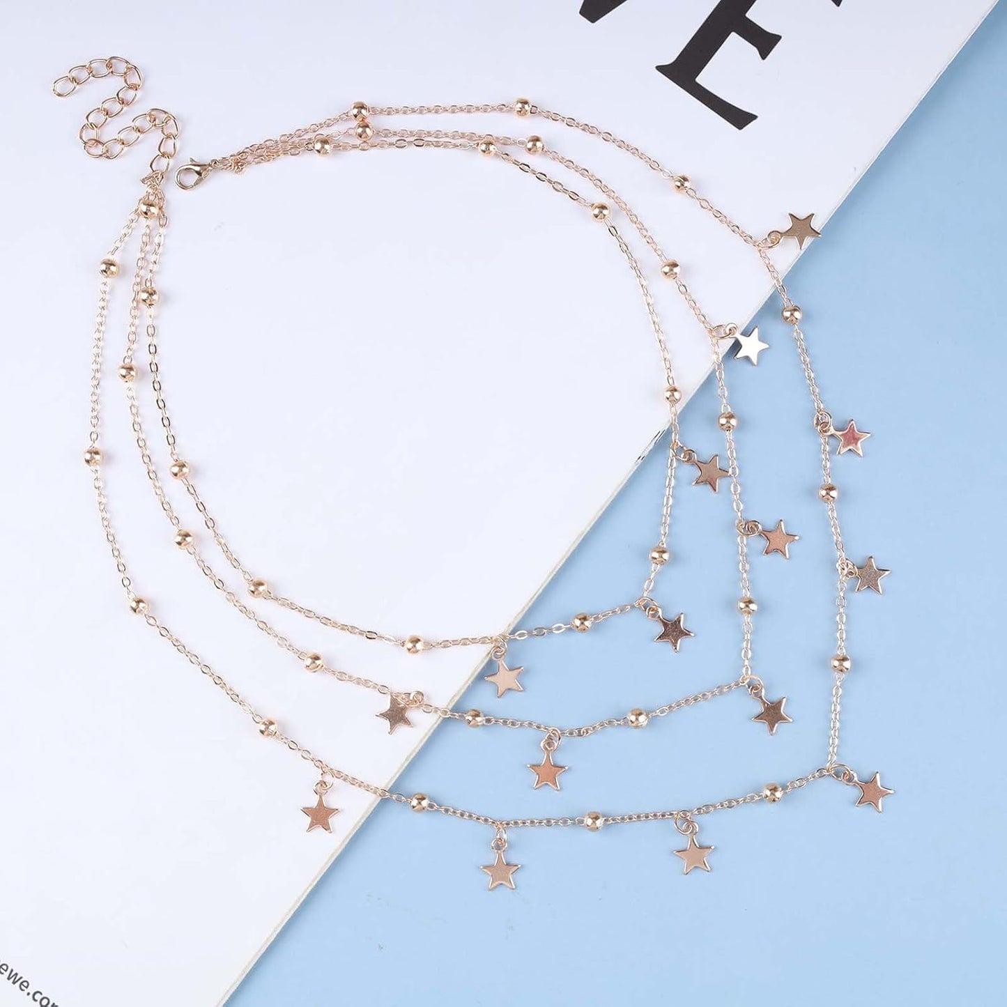 Vintage Layered Star Dangle Necklace Star Pendant Necklace Tiny Star Necklace Gold Bead Chain Necklace Jewelry for Women