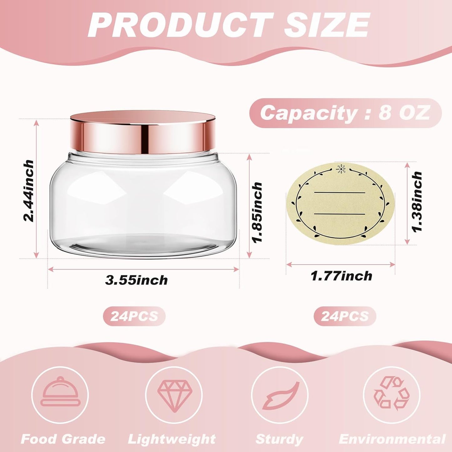 Tessco 24 Pack Plastic Jars with Lids Labels Empty Clear Plastic Jars Round Refillable Cosmetic Containers Body Butter Containers Bulk Sugar Scrub Bottle for Make Up(8 oz,Rose Gold)